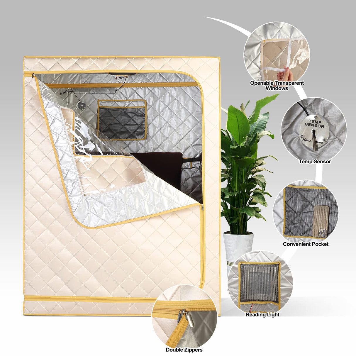 Smartmak Full Size Far Infrared Sauna, Two Person Home SPA with Time & Temperature Remote, Chairs, Light, Oversized 1 or 2 Person Privacy Indoor Saunas for Relaxation, BeigeGold Smartmak