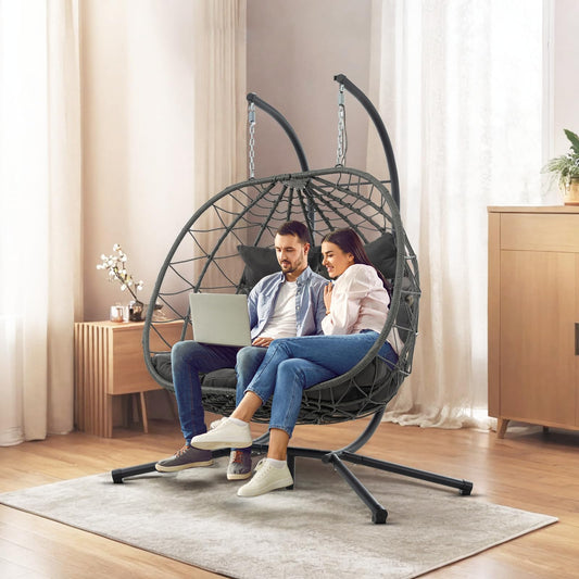 2 Person Double Egg Swing Chair with Stand Indoor Outdoor, Hammock Egg Chair Outdoor, Patio Wicker Hanging Egg Chair w/Cushion 700LBS Capacity for Bedroom, Balcony, Garden, Dark Grey