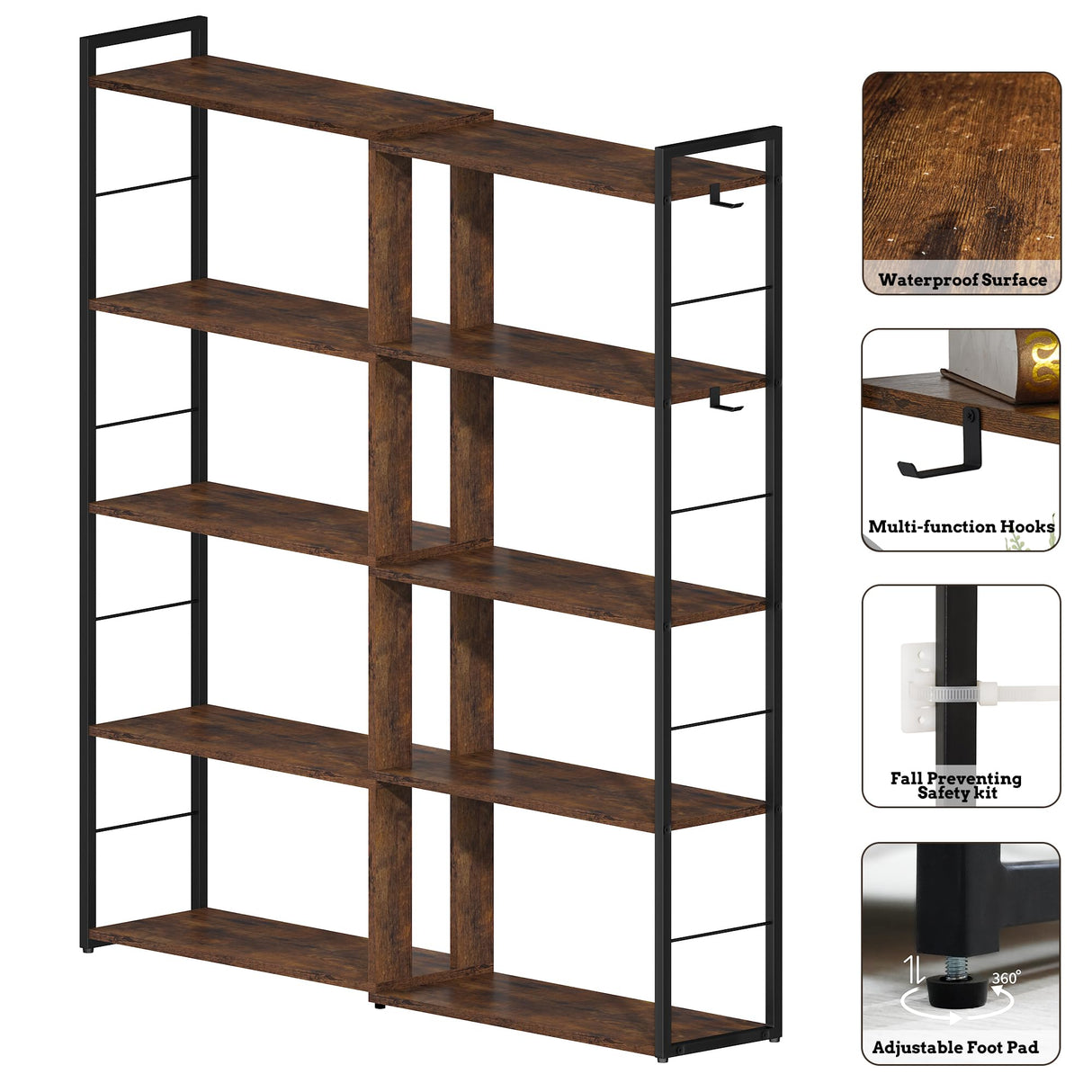 RKVPCNE 5 Tier L Shaped Bookshelf Wood Bookcase with 2 Hooks Modern Corner Bookshelf Library Industrial Shelving Book Case Adjustable Book Shelves for Bedroom Living Room Home Office Rustic Brown RKVPCNE