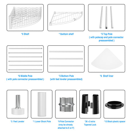 6-Tier NSF Metal Corner Shelf Wire Shelving Unit - 420lbs Capacity, Adjustable, with leveling feet & Shelf Liners - Ideal for Garage, Kitchen, and More - 18" L x 18" D x 72" H - Fan-Shape - White pouseayar