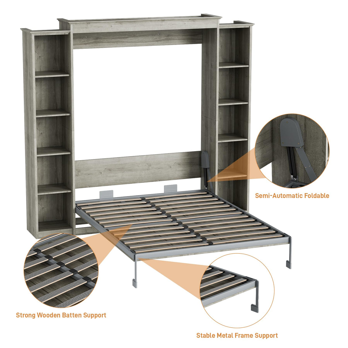 BEQAI Murphy Bed Queen with Storage Bookcase & 4 Adjustable Shelves, Queen Murphy Bed Cabinet Bed, Foldable Space Saving Furniture Beds, Wood Wall Bed for Guest Room, Bedroom, Grey BEQAI