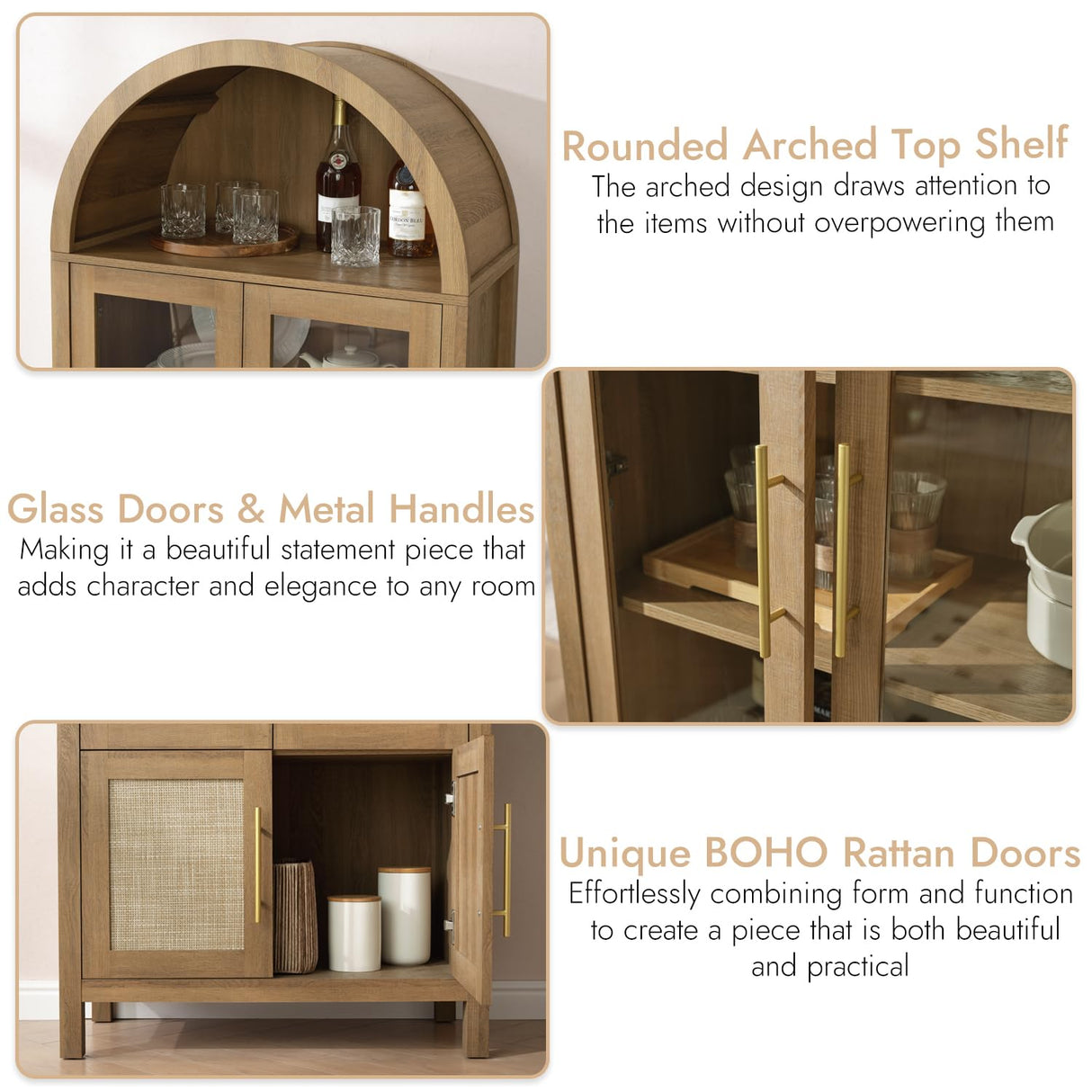 71" Tall Arched Display Cabinet, 5-Tier Bookshelf Modern Farmhouse Arched Bookcase with Glass Doors and Shelves, Wooden Pantry Storage Cabinet for Living Room, Office and Kitchen, Caramel Oak WINWY