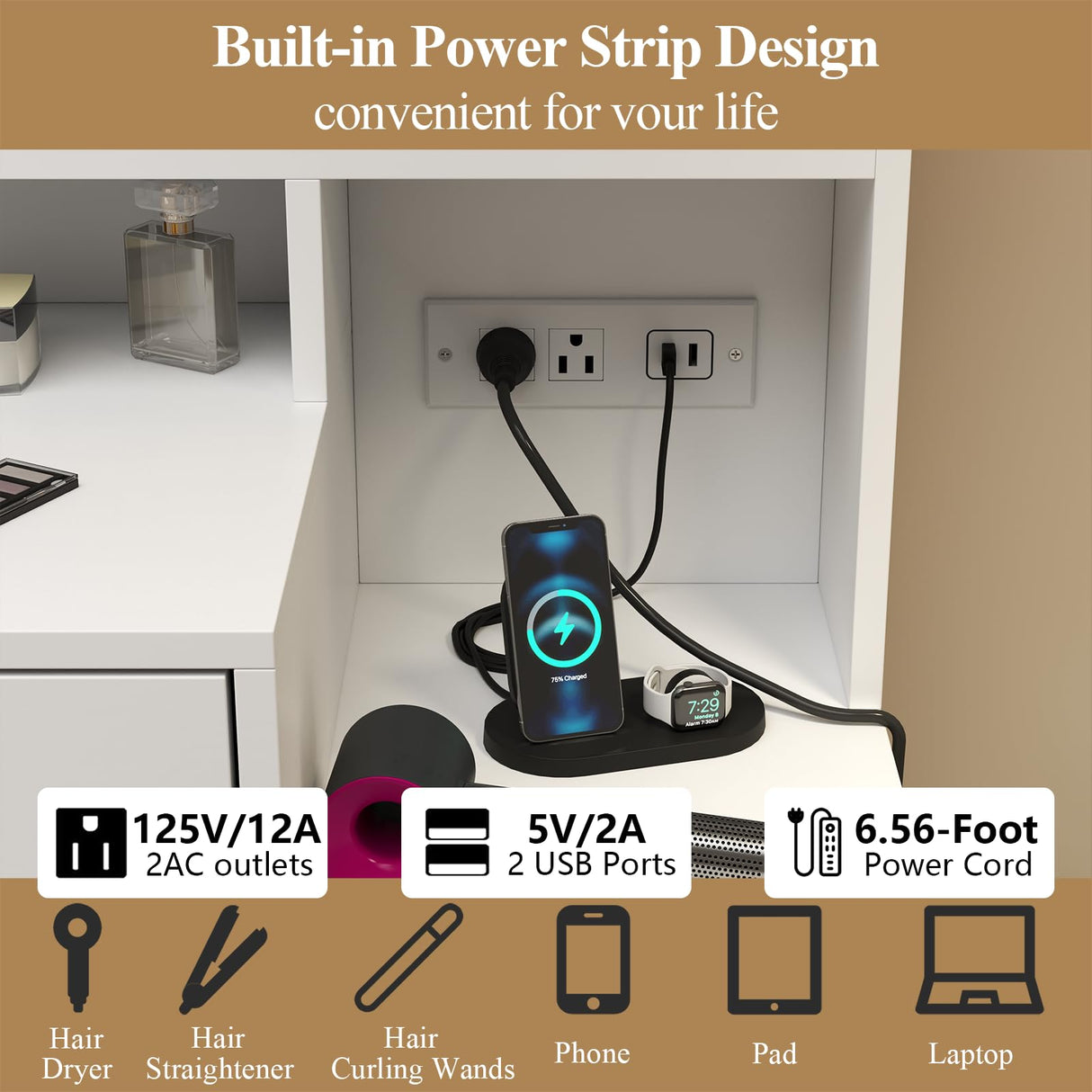 Loomie Vanity Desk with Lighted Mirror & Power Outlet, Makeup Table with 5 Drawers, Two Cubby & Shelf, Vanity Dresser with 11 Lights in 3 Lighting Colors for Bathroom, Bedroom,Makeup Room,White Loomie