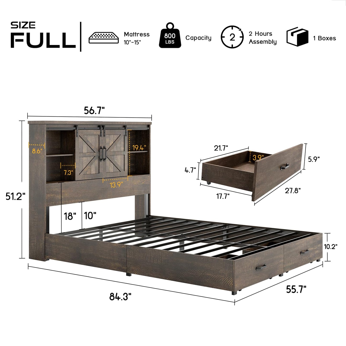 Rustic HOWE Full Size Wood Platform Bed with Bookcase Headboard and Storage Drawers - WoodArtSupply