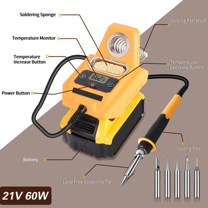 ITEFDTUTNE Cordless Soldering Station for Dewalt 20V Max Battery（Battery Not Included）, Electric Digital LCD Display Soldering Iron Station,Fast Heating Up Soldering Station for DIY, Appliance Repair