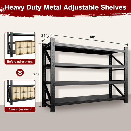 Fesbos 5000LBS Metal Steel Storage Shelves - 60" W Black 4 Tier Heavy Duty Rack Commercial Industrial Shelving with Adjustable Shelf for Basement Garage Warehouse - 60" W x 24" D x 70" H Fesbos