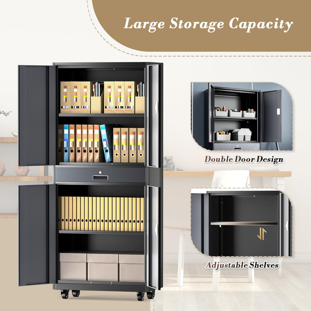 Athena Collection Metal Storage Cabinet with 4 Lock Doors and 4 Adjustbale Shelves, 74" Tall Rolling Garage Storage Cabinet for Home Office, School, Garage, Pantry, Grey Black Athena Collection