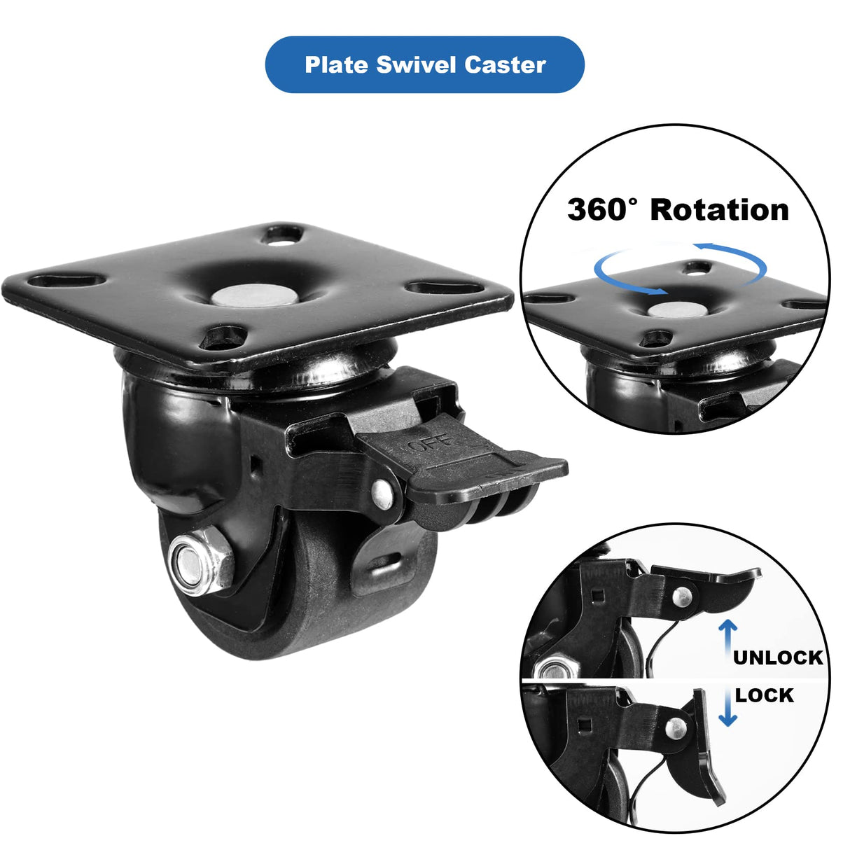 W B D WEIBIDA 2-inch Plate Swivel Caster Wheels Set of 4 Heavy Duty, Load Capacity 2200lbs, Low Gravity Center Black Extra Width Caster with Brake, Durable & Quiet & Sturdy Nylon Wheels for Industrial W B D WEIBIDA