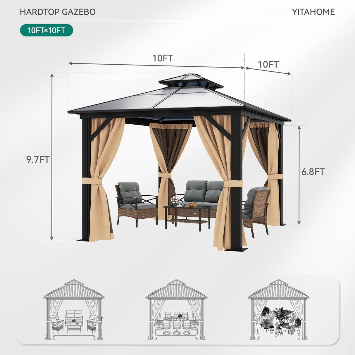 YITAHOME 10X10FT Hardtop Gazebo Outdoor Polycarbonate Patio Double Top Canopy Galvanized Iron Aluminum Column Garden Tent Curtains Netting for Backyards Decks Lawns,Brown YITAHOME