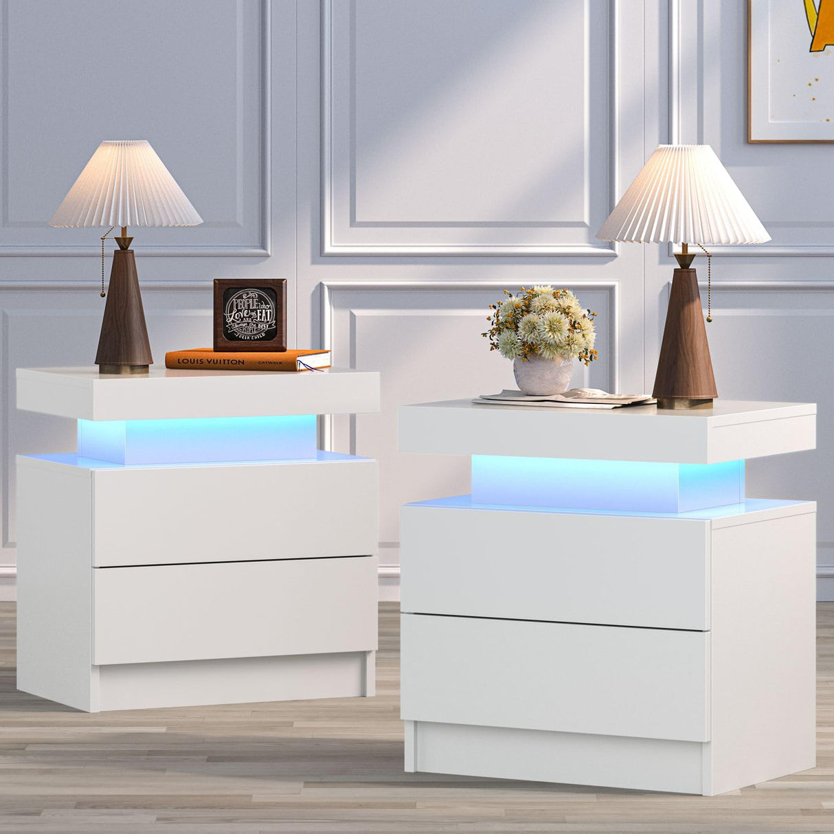 Bingoday Nightstand Set of 2 LED Nightstand with 2 Drawers, Bedside Table with Drawers for Bedroom Furniture, Side Bed Table with LED Light Bingoday