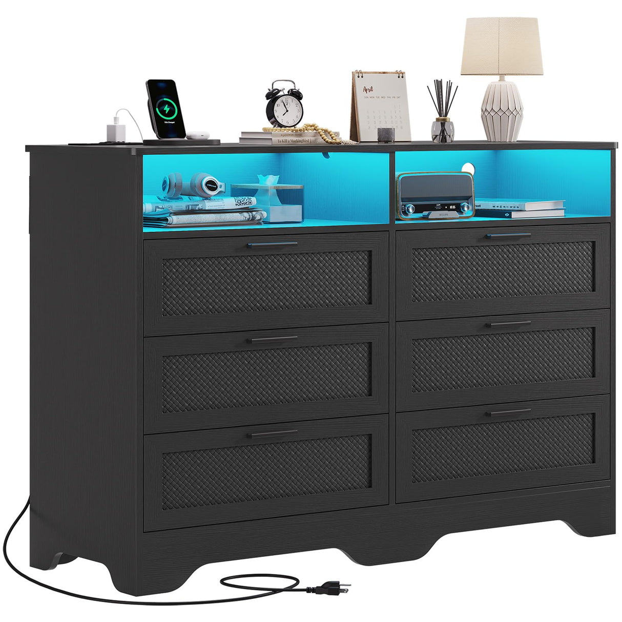 Hasuit Black Dresser for Bedroom with Charging Station, Wooden Large Capacity Storage Chest of Drawers with LED Lights, Modern Wide 6 Drawer Dresser with Woven Leather Design for Bedroom, Living Room Hasuit