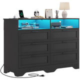 Hasuit Black Dresser for Bedroom with Charging Station, Wooden Large Capacity Storage Chest of Drawers with LED Lights, Modern Wide 6 Drawer Dresser with Woven Leather Design for Bedroom, Living Room Hasuit