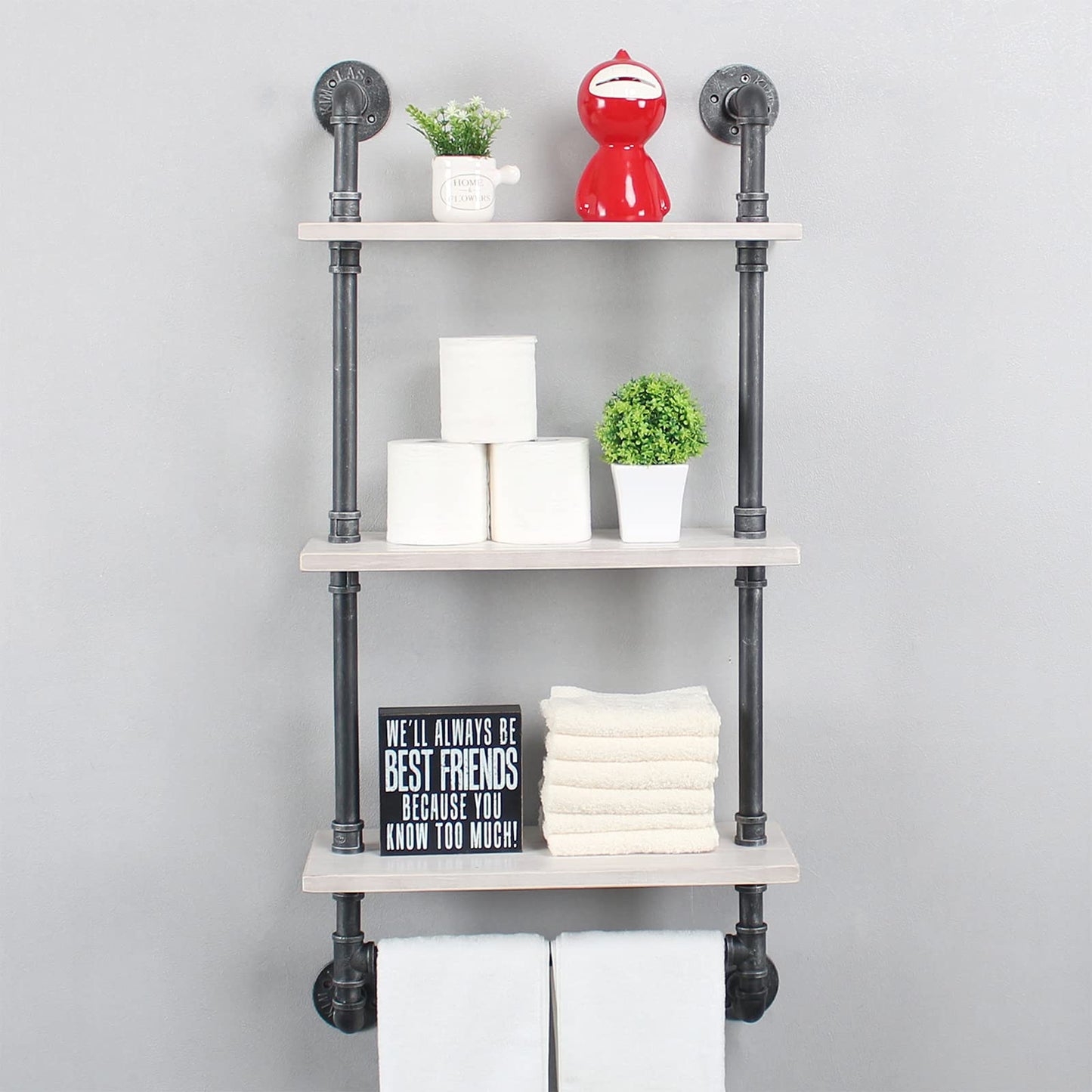 Industrial Pipe Shelf Bathroom Shelves Wall Mounted,19.6in Rustic Wood Shelf with Towel Bar,3 Tier Farmhouse Towel Rack Over Toilet,Pipe Shelving Floating Shelves Towel Holder,Retro White