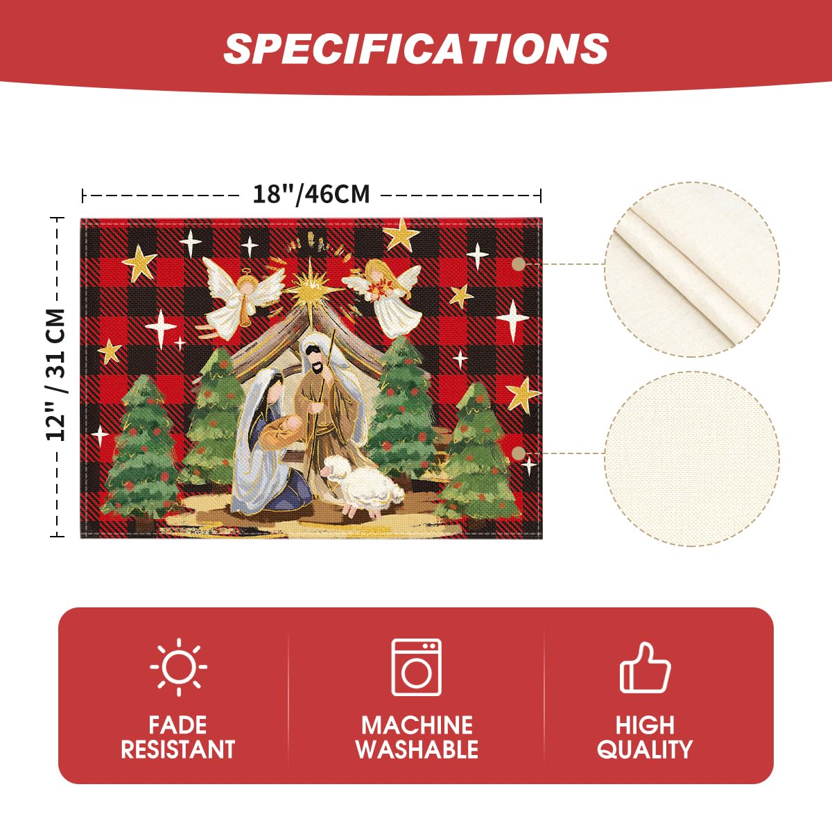 Artoid Mode Buffalo Plaid Kogiya Shepherd Christmas Placemats Set of 4, 12x18 Inch Winter O Holy Night Xmas Table Mats for Party Kitchen Dining Decoration Artoid Mode