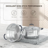 SUNHOUSE - 3.3 Quarts Steamer Pots With Lid 2-Tier Multipurpose Stainless Steel Steaming Pot Cookware For Vegetable, Dumpling, Sauce, Food - Triple Bottom, Measurement Line Sunhouse