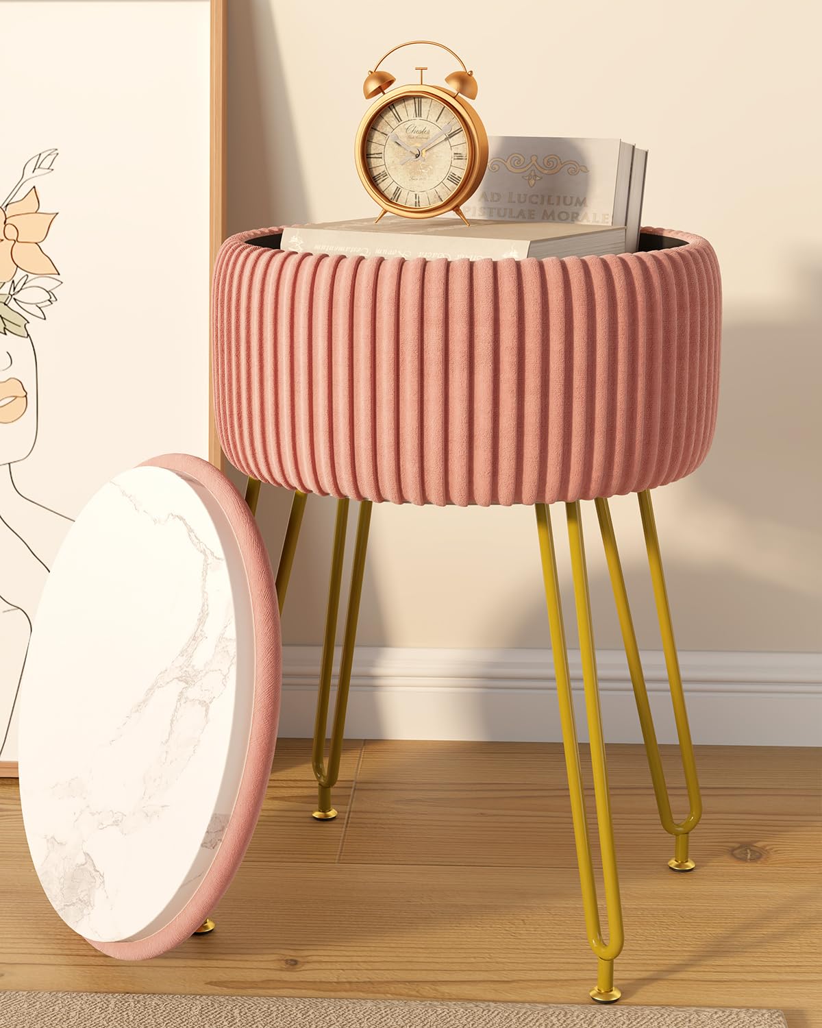 IBUYKE Velvet Storage Footrest Stool Ottoman, Makeup Vanity Stool Side Table with Golden Steel Legs Removable Cover, Coffee Table Top Cover, Pink LG-20P IBUYKE