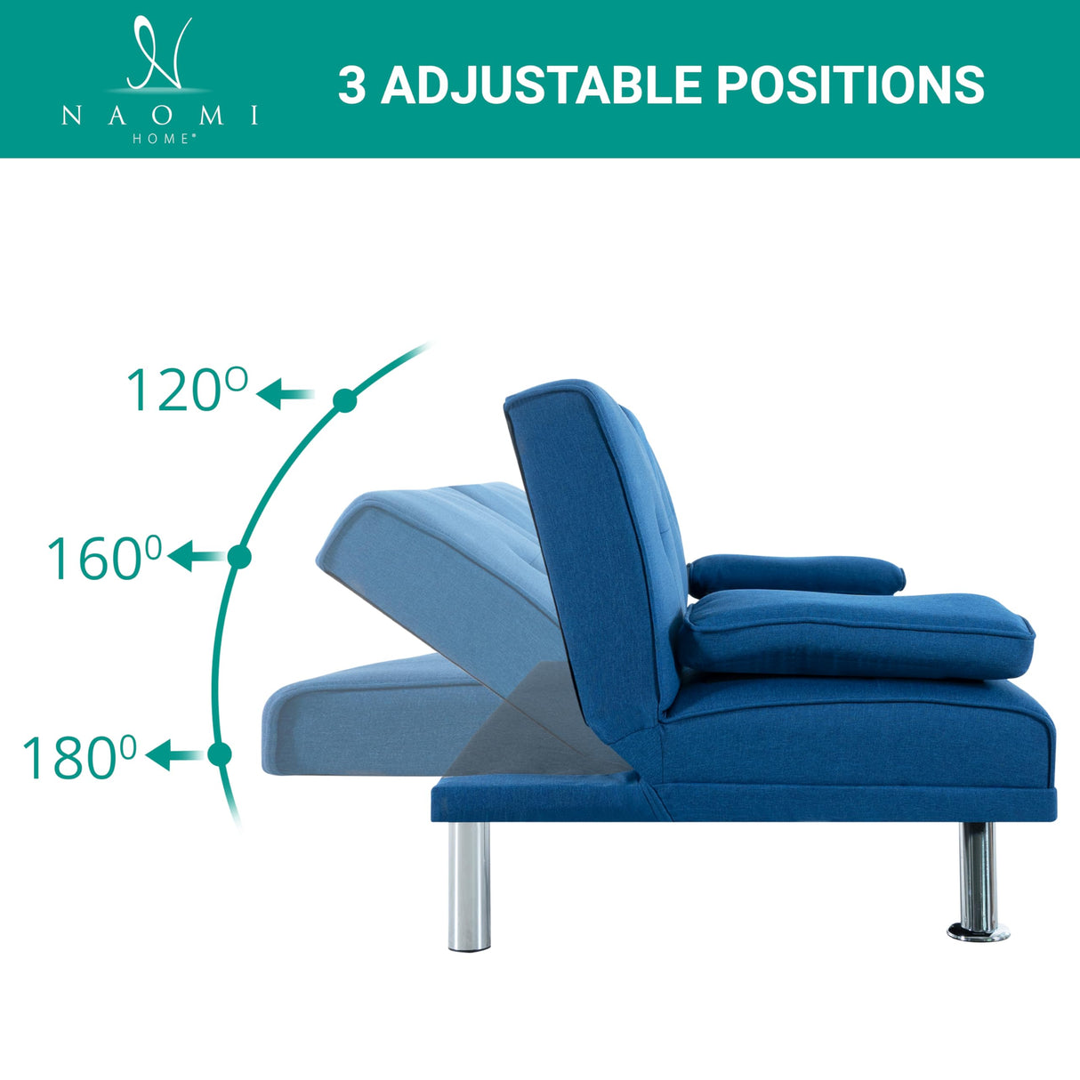 Naomi Home Blue Futon Sofa Bed, Linen Futon Couch with Armrest and 2 Cupholders, Pull Out Sofa Bed Couch with Metal Legs, Reclining Small Couch Bed, Blue Couches for Living Room Naomi Home