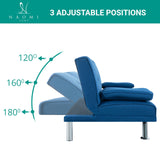 Naomi Home Blue Futon Sofa Bed, Linen Futon Couch with Armrest and 2 Cupholders, Pull Out Sofa Bed Couch with Metal Legs, Reclining Small Couch Bed, Blue Couches for Living Room Naomi Home