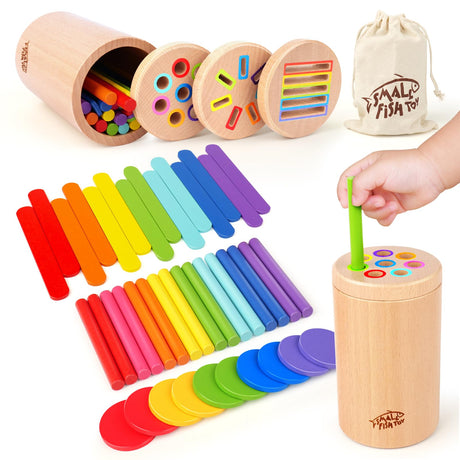 Wooden Montessori Baby Toddler Toys: 3 in 1 Learning Fine Motor Skills Toys , Educational Color Sorting Fidget Sensory Toys for Toddlers 1-3, Object Permanence Cause and Effect Toys Boys Girls Gifts SMALL FISH