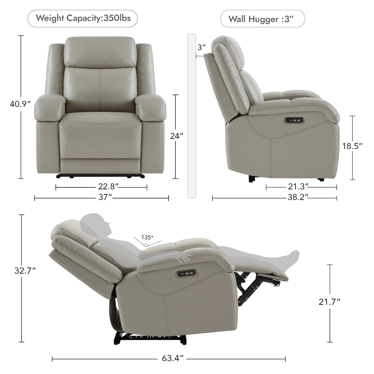 Watson & Whitely Genuine Leather Power Recliner Chairs for Adults, Wall Hugger RV Recliner with Power Headrest & Charging Ports, Electric Recliner Sofa Chair for Living Room, Grey Watson & Whitely