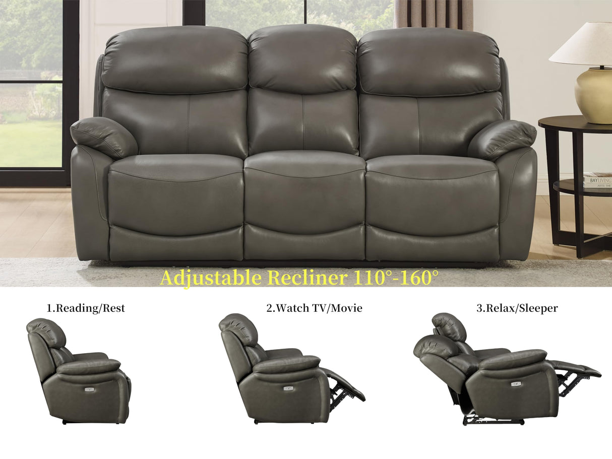 THSUPER Power Genuine Leather Recliner Sofa Couch with USB Port, Reclining Sofas Living Room Furniture, 3-Seats Couches with Cup Holders, Grey THSUPER