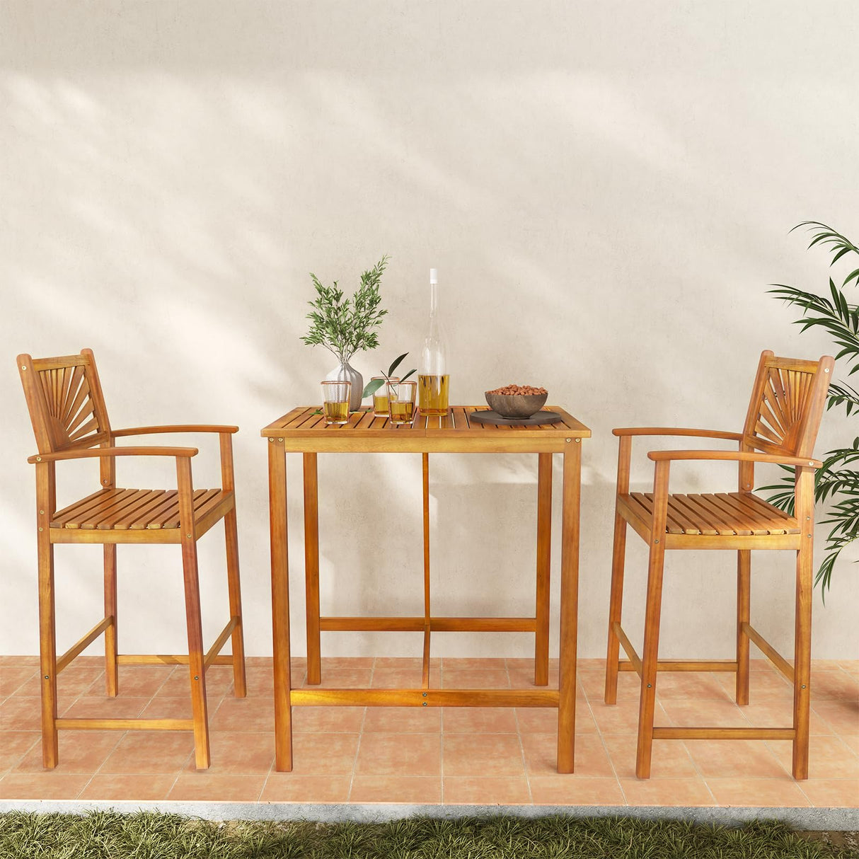 Tangkula 3 Piece Patio Bar Table & Chairs, Outdoor Acacia Wood Bar Set w/Slatted Seat & Tabletop, Wood Dining Bar Set w/Backrest, Armrests & Footrest for Backyard, Poolside, Balcony Tangkula