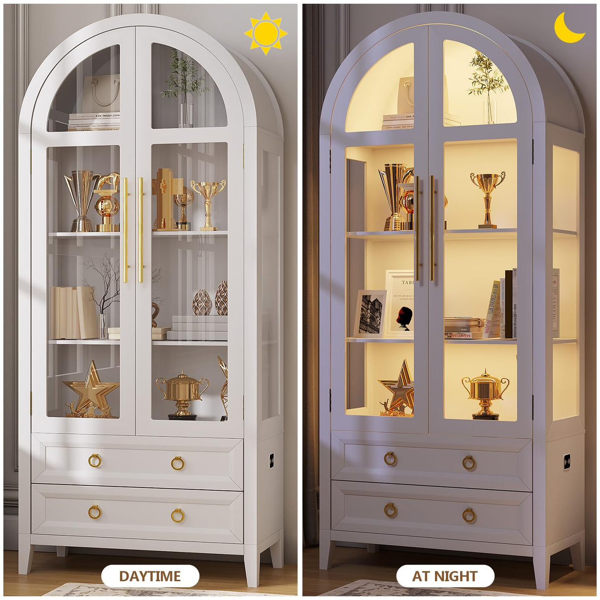 LVSOMT 71" Tall Arched Storage Cabinet with Glass Doors and Drawers, Curio Display Cabinet with Adjustable LED Light & Human Sensor, 4-Tier China Cabinet for Living Room(White) LVSOMT