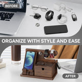Walnut Wood Phone Docking Station with Wireless Charging, Nightstand Organizer for Men & Women, Compatible with iPhone/Samsung/Apple Watch/AirPods, Gifts for Dad, Husband, Anniversary, Birthday ACTESE