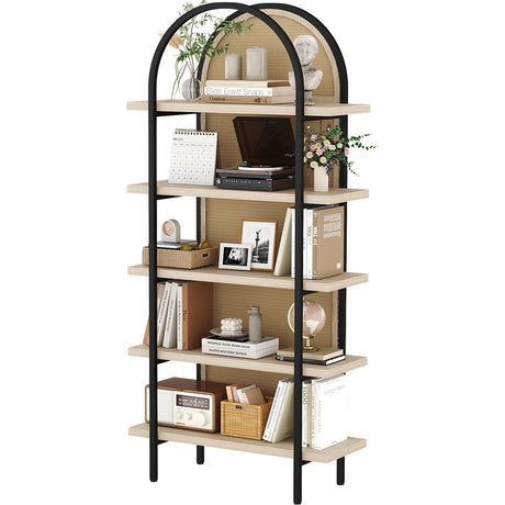Yusong Bookshelf Rattan 5 Tier Arched Bookcase, 74" Tall Industrial Open Book Shelves for Living Room, Modern Freestanding Display Shelving Boho Storage Rack with Metal Frame for Office, Brown Yusong