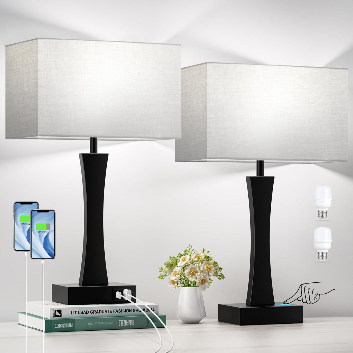 Bedside Lamps for Night Stands - 3 Way Dimmable Table Lamp for Bedroom with USB C+A Ports,Modern Bedside Lamps Set of 2, Touch Lamps for Nightstand Living Room Side Table End Tables(Bulbs Included) Seealle