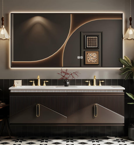 LUTHXAY Double Sinks Bathroom Vanity, 72 Inch Floating Bathroom Cabinet with One-Piece Top & Drawers, Wall Mount Bath Vanities with LED Smart Defog Mirror, Modern Luxurious Solid Wood Vanity(Brown) LUTHXAY