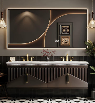 LUTHXAY Double Sinks Bathroom Vanity, 72 Inch Floating Bathroom Cabinet with One-Piece Top & Drawers, Wall Mount Bath Vanities with LED Smart Defog Mirror, Modern Luxurious Solid Wood Vanity(Brown)