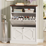 Maupvit Shoe Cabinet with 2 Flip Drawers, Shoe Storage Cabinet for Entryway, Freestanding Shoe Organizer with Open Storage, Farmhouse Narrow Shoe Rack with Wooden Legs for Foyer, Hallway,Antique White Maupvit