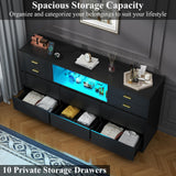 Gyfimoie 10 Drawers Dresser, LED Dressers & Chests of Drawers with Power Outlet, 58" Wide Long Dresser for Bedroom, Modern TV Stand with 1 Open Storage Cubbies (Black) Gyfimoie