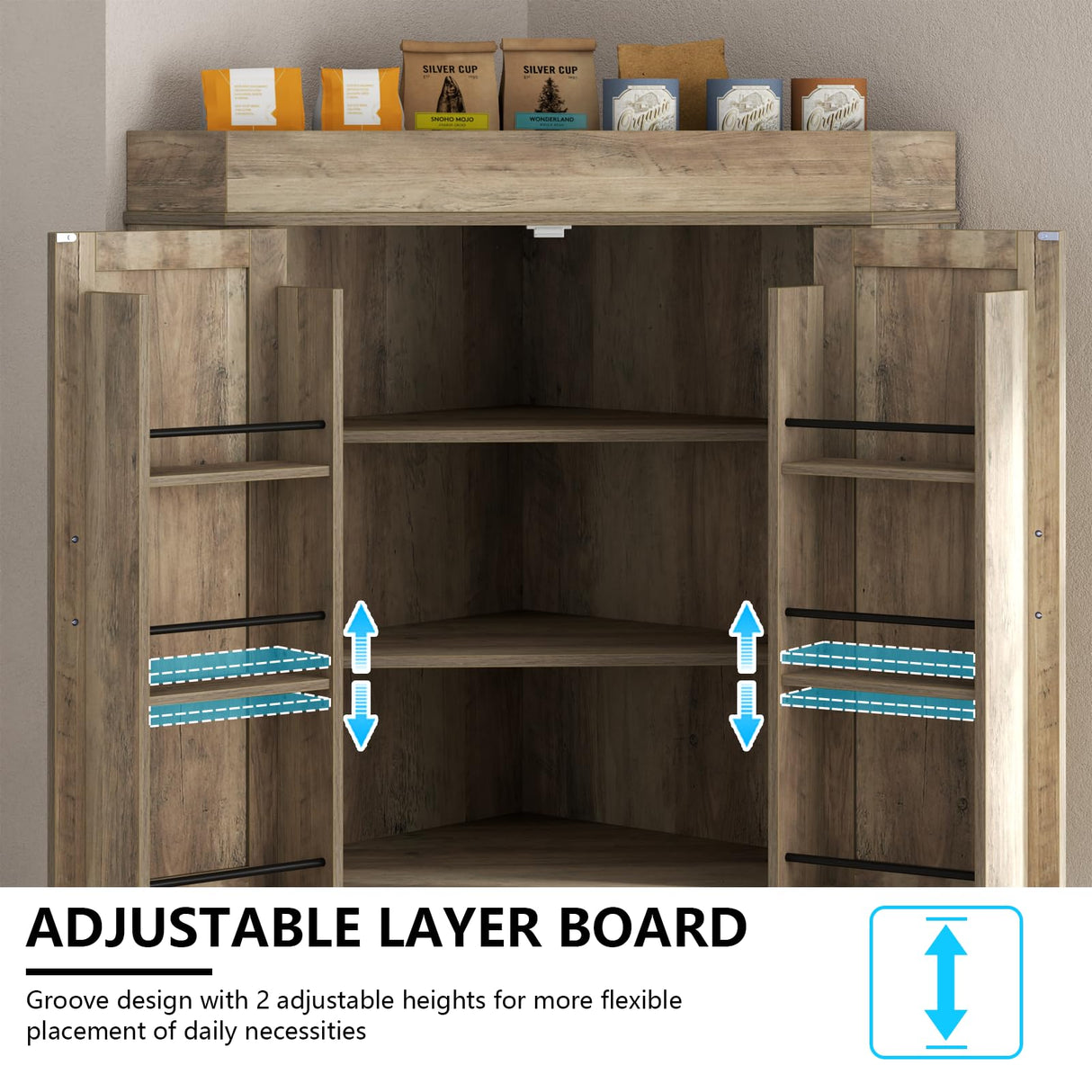 Gyfimoie Corner Cabinet,Kitchen Pantry Storage Cabinet,Freestanding Buffet Cabinet with 4 Doors and Shelves,Tall Food Pantry Cabinet Farmhouse Furniture with Side Rack for Kitchen Dining Room(Retro) Gyfimoie