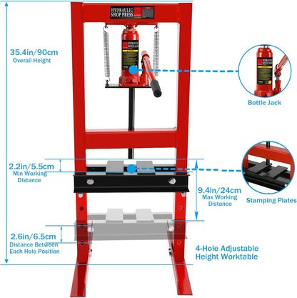 WEAGP 6 Ton Hydraulic Shop Press, H-Frame Floor Mount Hydraulic Press with Press Plates Adjustable Working Table Height, 6 Ton Shop Press for Car Repair and Garage, Red - WoodArtSupply