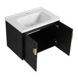 SSLine Modern 28" Floating Bathroom Vanity with Sink Wall Mounted Bathroom Vanity with Top Basin & Storage Cabinet Luxury Black Wood Hanging Vanity w/Ceramic Sink & Gold Handles for Small Space SSLine