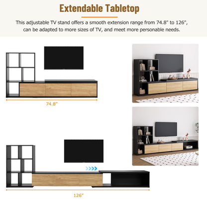 Merax Extendable TV Stand for Televisions up to 110'', Adjustable Entertainment Center with Storage Cabinets and 3 Tier Bookshelves, Sliding Tabletop Media Console for Living Room, Black