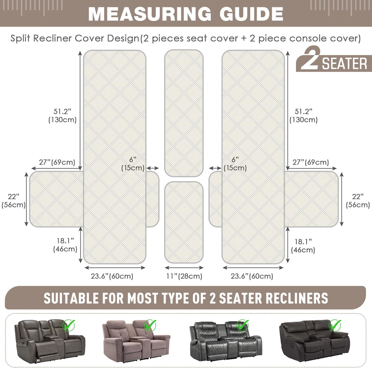 TAOCOCO Loveseat Recliner Cover with Console, Non-Slip Split Reclining Pet Cover for Dual Loveseat Recliner, Furniture Protector with Elastic Straps (2 Seater, Off White) TAOCOCO