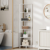 Furnulem 6 Tier Corner Shelf with LED Light, 67.5” Tall Standing Shelf Organizer, White Narrow Bookshelf with Storage Rack for Wall Corner, Living Room, Bedroom, Metal Frame, Wood Display Shelf Furnulem