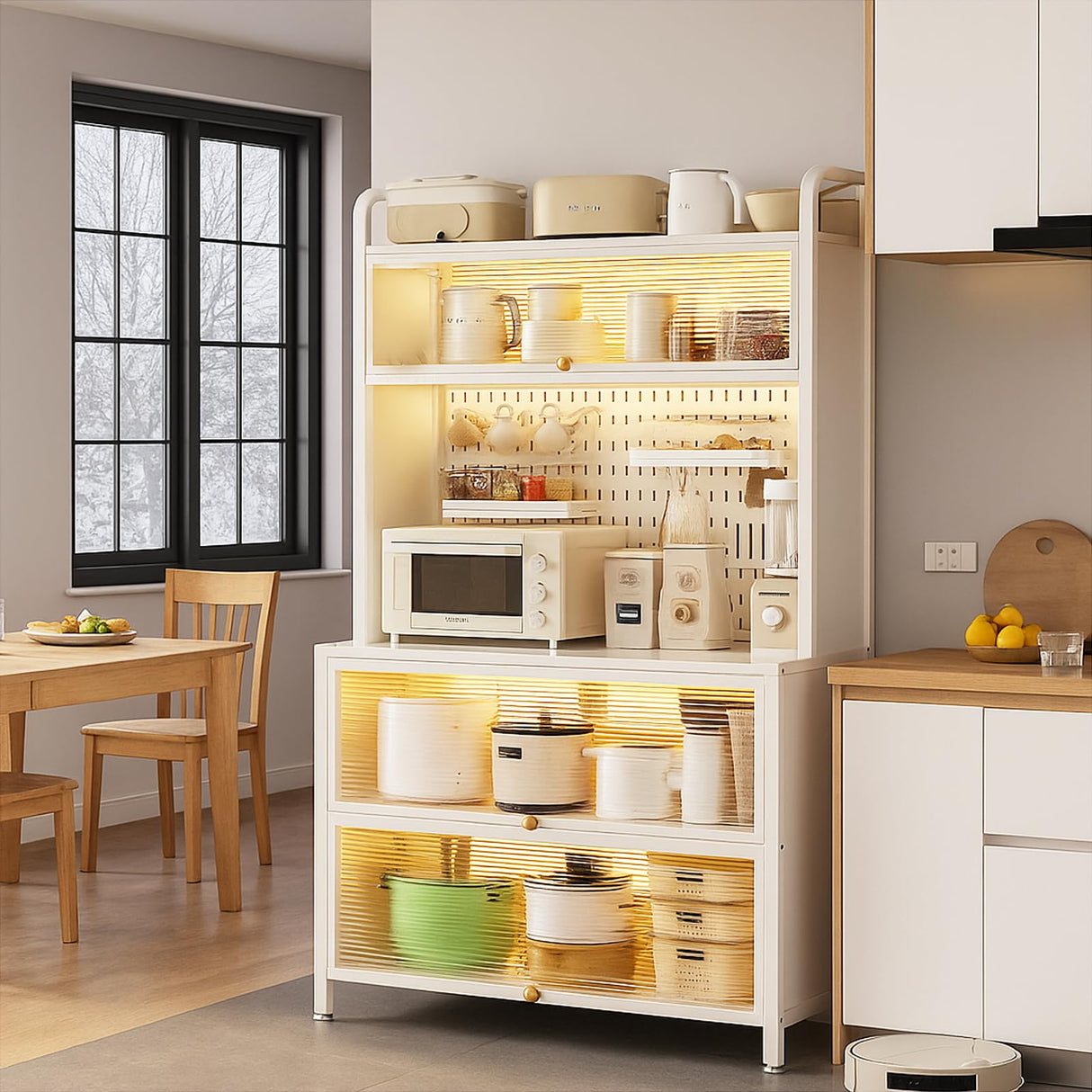 Voclym Bakers Rack with Wheels, 5-Tier Coffee Bar with Wheels, Microwave Stand with Storage, Kitchen Shelves for Kitchen Pantry, Storage Room, White Voclym