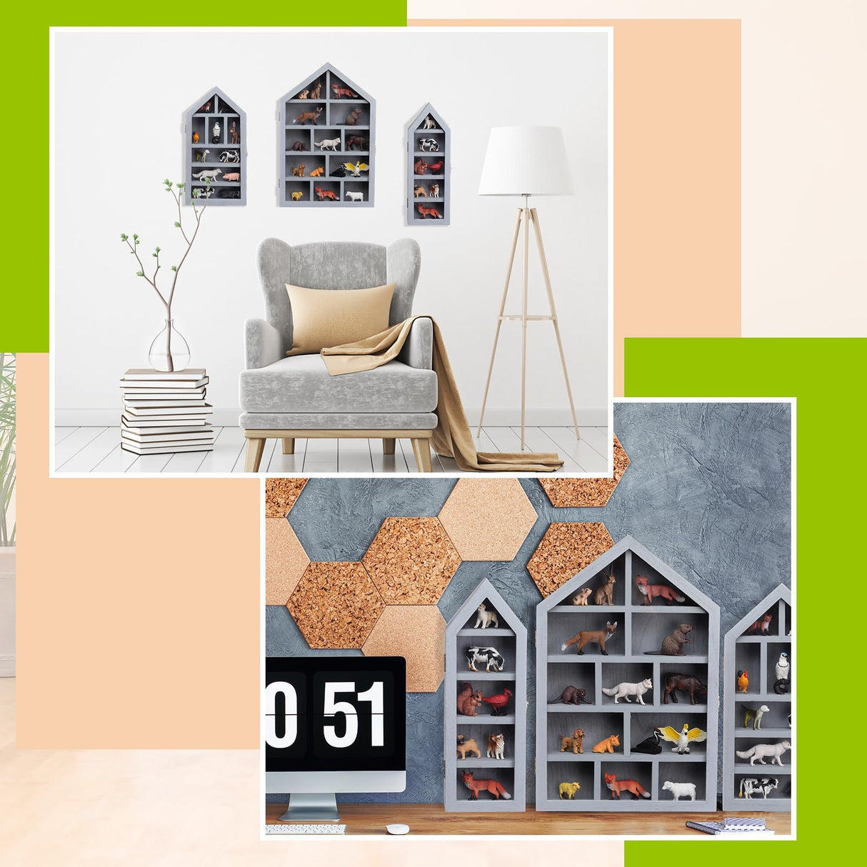 DoubleFill Set of 3 Shadow Cubby Boxes Wooden Display Shelf 10 x 15 Inch Large Wall Mounted Display Storage Shelves for Mini Figures Curio Trinket Medals Crafts Collections (Gray,House Shape) DoubleFill