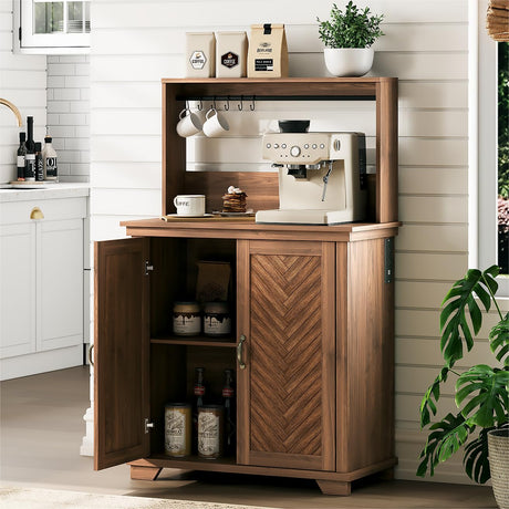 JOINICE Farmhouse Coffee Bar Cabinet with Storage,31.5" Kitchen Cabinet with Hooks and Charging Station,Coffee Station with Adjustable Shelf and Hutch,Sideboard for Living Dining Room JOINICE