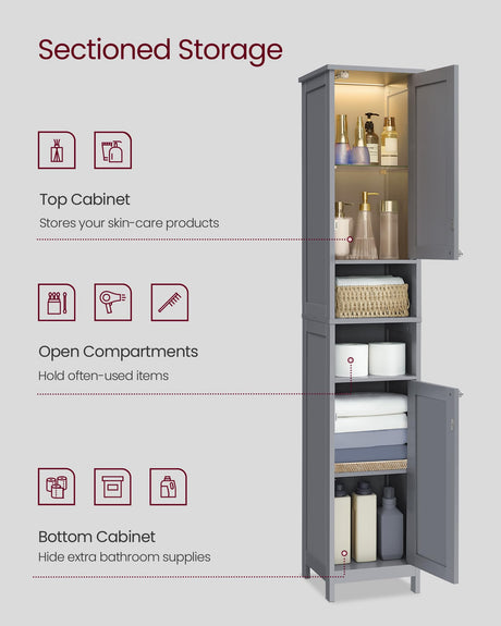 VASAGLE Tall Bathroom Cabinet with Lights, Slim Bathroom Storage Cabinet, Freestanding Narrow Cabinet with Adjustable Shelves, for Small Spaces, Modern, 11.8 Inches Wide, Dove Gray UBBC566G02 VASAGLE