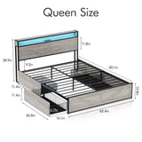 Halitaa LED Queen Size Bed Frame with Charging Station & 4 Drawers, Platform Metal Bed Frame with Headboard USB Ports Outlets, Farmhouse Bed Frame with LED Lights, Noise Free, Wash Grey (Queen) Halitaa