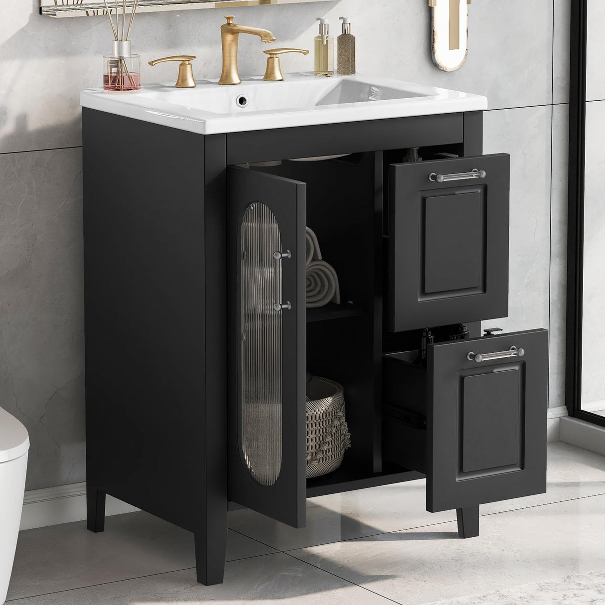 Harper & Bright Designs 24" Bathroom Vanity with Sink, Free Standing Single Basin Vanity Set with Two Drawers and Glass Door, Modern Wooden Bathroom Cabinet with Ceramic Basin for Bathroom, Black Harper & Bright Designs