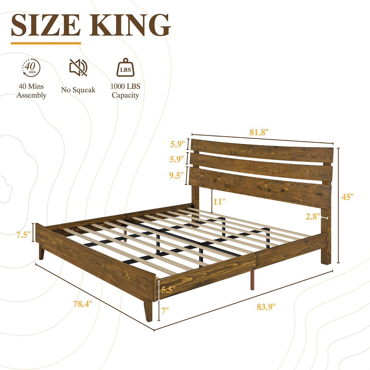 VanAcc King Size Solid Wood Mid-Century Platform Bed with Slatted Headboard in Caramel VanAcc