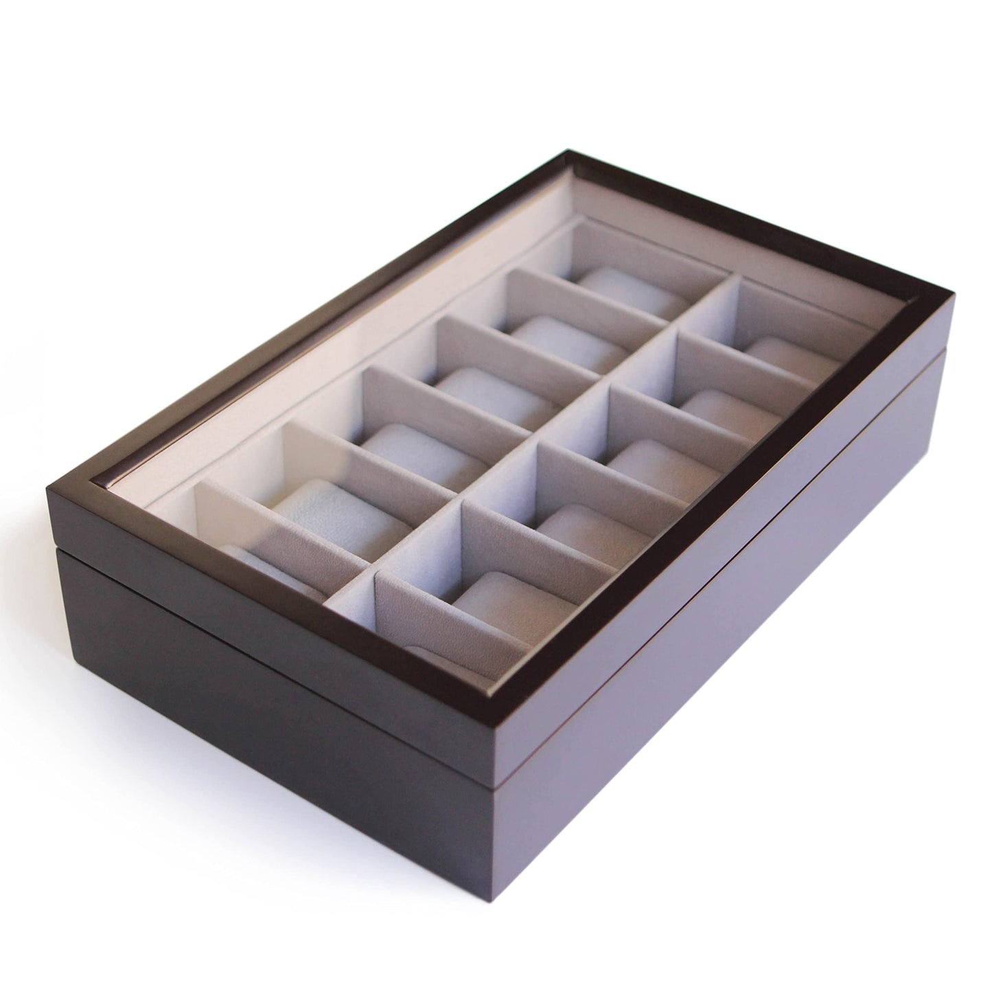 CASE ELEGANCE Solid Espresso Wood Watch Box Organizer with Glass Display Top 12 slot (Espresso) - WoodArtSupply