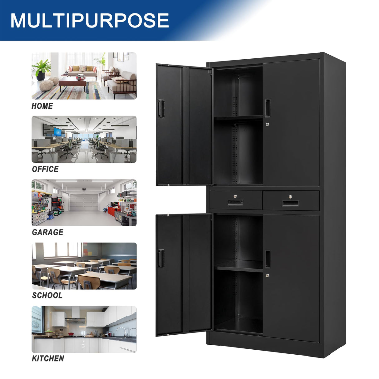 Wanfu Metal Storage Cabinet, 71" Locking Storage Cabinet with Adjustable Shelves and 2 Drawers, Steel Storage Cabinet for Office, Garage, Home, School, Utility Room(Black) Wanfu