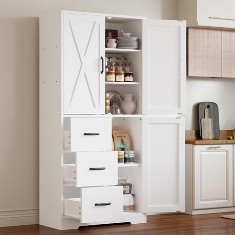 IRONCK Pantry Cabinet, 67.5 inch Tall Storage Cabinet with 3 Doors & Drawers, Farmhouse Kitchen Cabinet with Adjustable Shelves, 5 Tier Freestanding Cupboard for Kitchen IRONCK